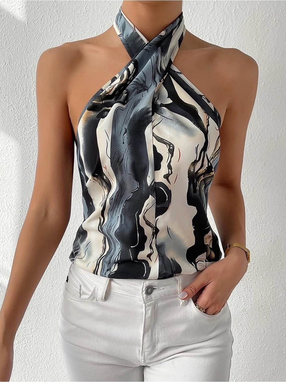 🔥 Women’s Halter Neck Satin Top in Marble Black & Cream (Size M)